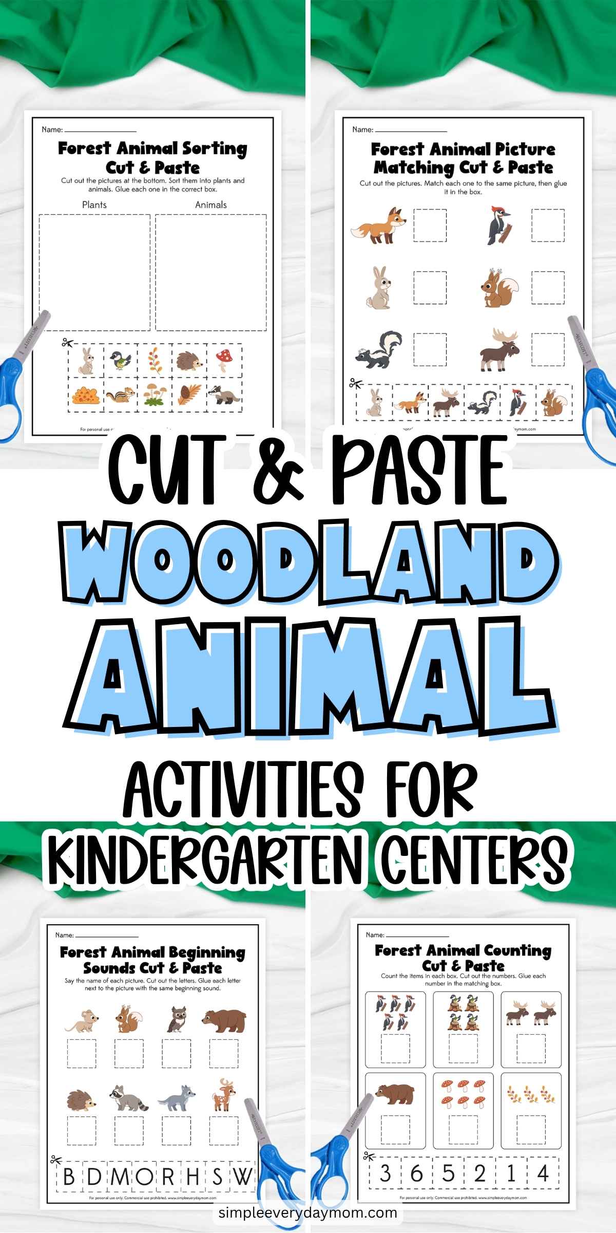 Promotional graphic for cut-and-paste woodland animal activities for kindergarten centers, featuring printable worksheets for sorting, picture matching, beginning sounds, and counting.