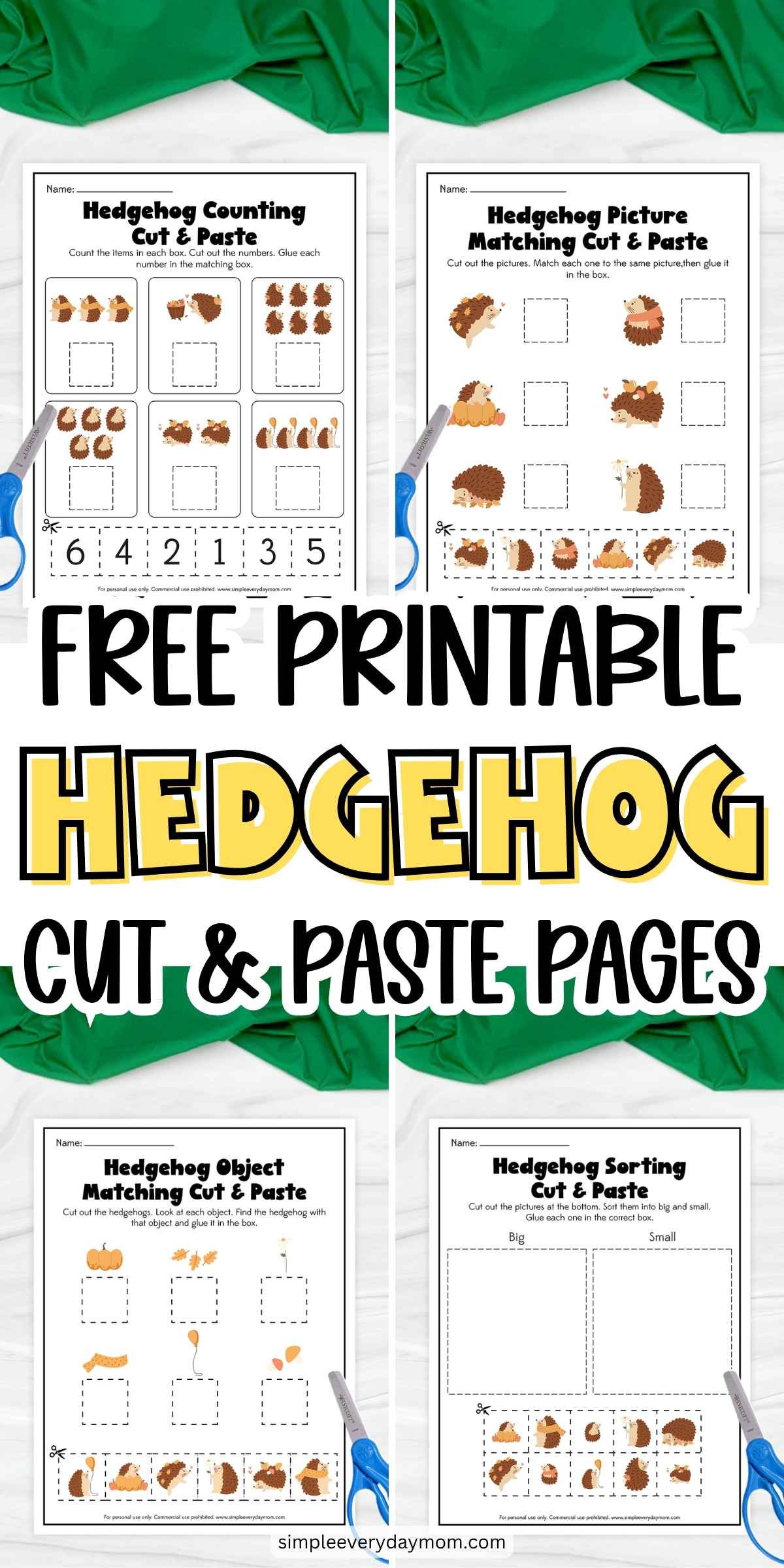 Collage of free printable hedgehog cut and paste pages with counting, picture matching, object matching, and sorting worksheets for preschool learning.