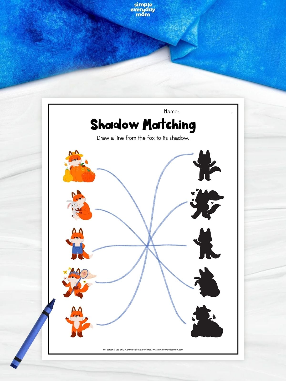 Fox-themed shadow matching worksheet with five illustrated fox scenes and lines connecting each fox to its corresponding silhouette.