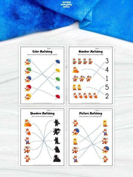 Four fox-themed worksheets featuring color, number, shadow, and picture matching activities, with lines connecting each fox to its corresponding match.
