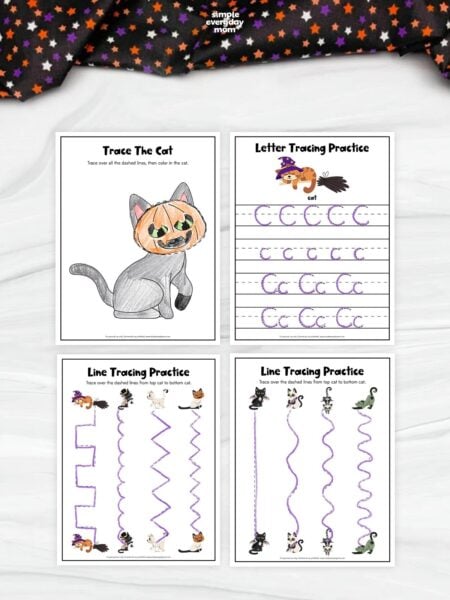 Four completed Halloween cat activity worksheets arranged in a grid, featuring a cat tracing and coloring page, letter C tracing practice, and two line tracing exercises. Purple tracing marks show the completed letters and paths.