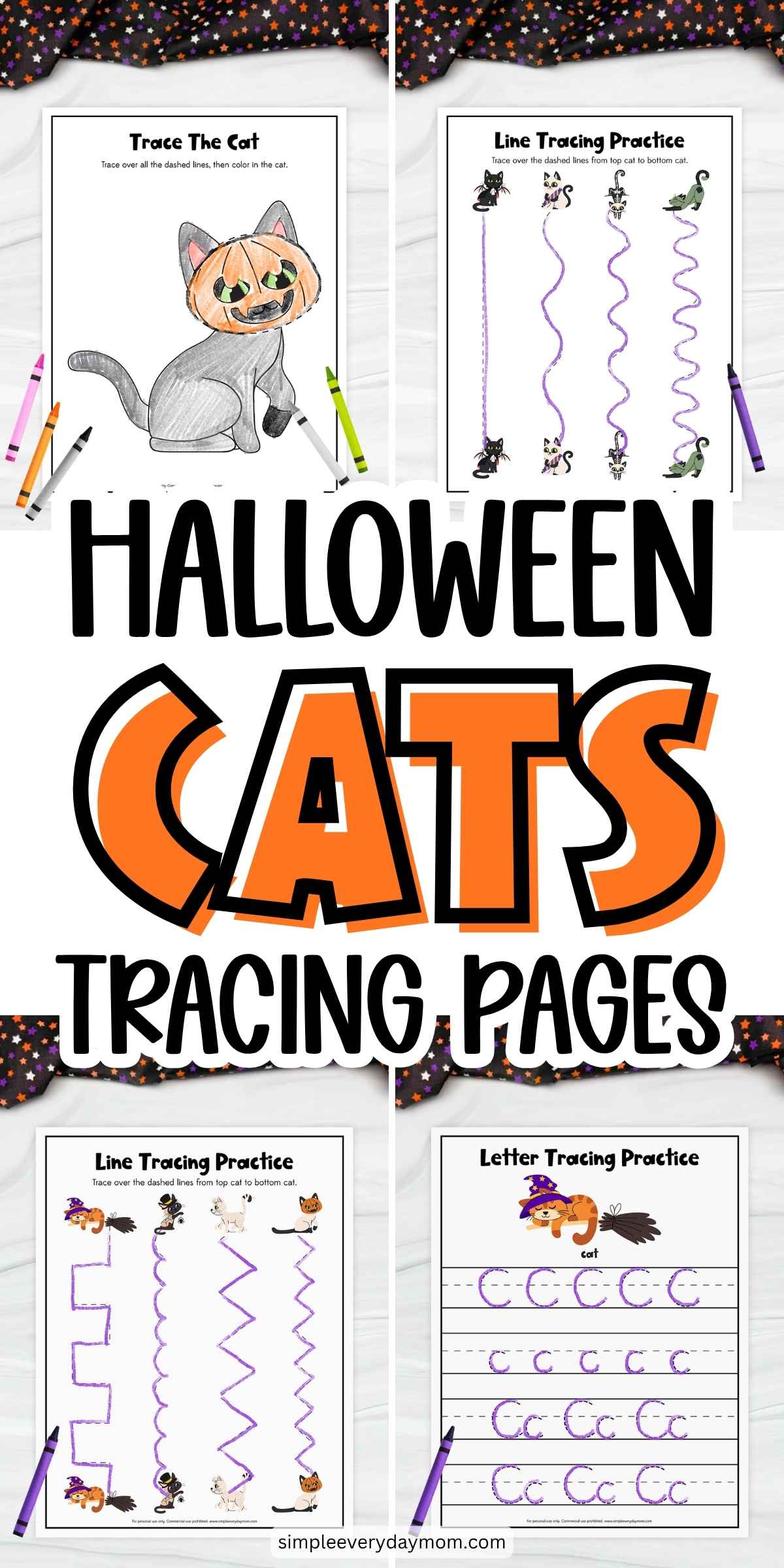 Promotional collage for Halloween cat tracing pages, featuring cat coloring, line tracing, and letter C tracing worksheets. Large center text reads “Halloween Cats Tracing Pages.”