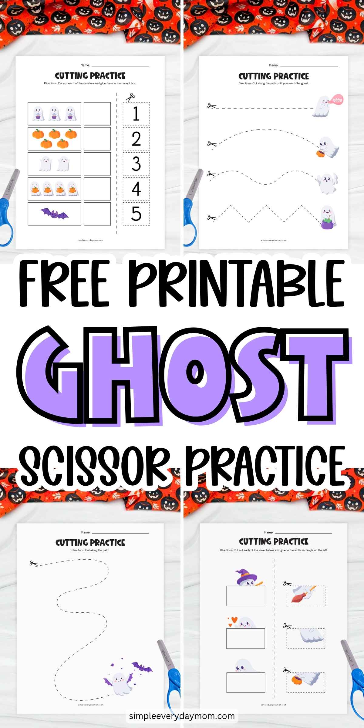 Collage of free printable ghost scissor practice worksheets with cutting paths, number matching, and Halloween activities for kindergarten kids.