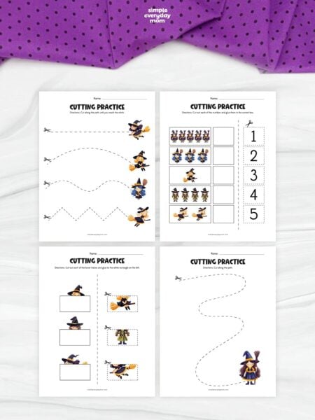 Four printable witch-themed cutting practice worksheets arranged in a two-by-two grid. Activities include cutting along dashed paths to reach witches, matching groups of witches to numbers, assembling witches from cutout halves, and following a winding dashed path to a witch holding a broom.