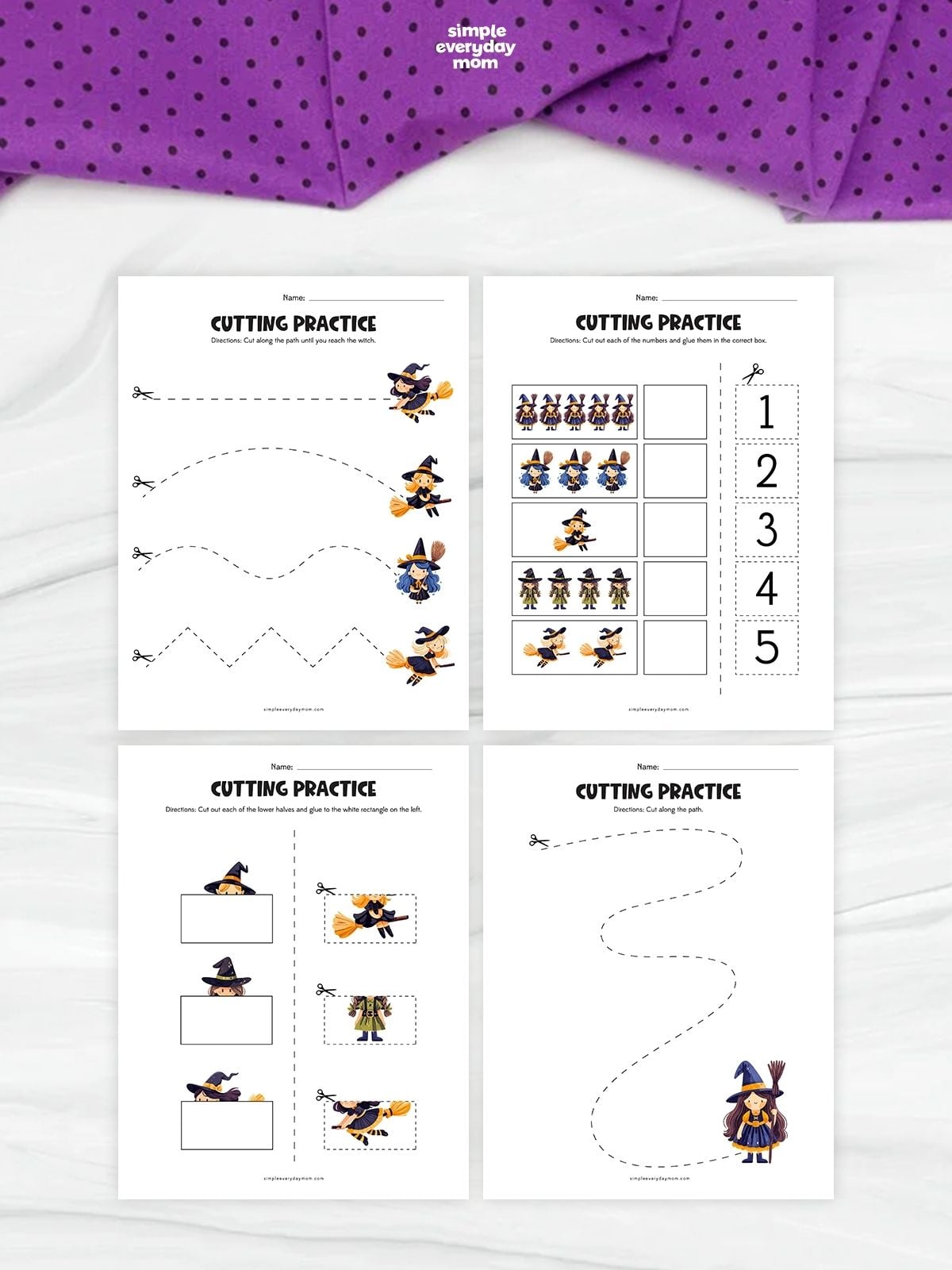 Four printable witch-themed cutting practice worksheets arranged in a two-by-two grid. Activities include cutting along dashed paths to reach witches, matching groups of witches to numbers, assembling witches from cutout halves, and following a winding dashed path to a witch holding a broom.