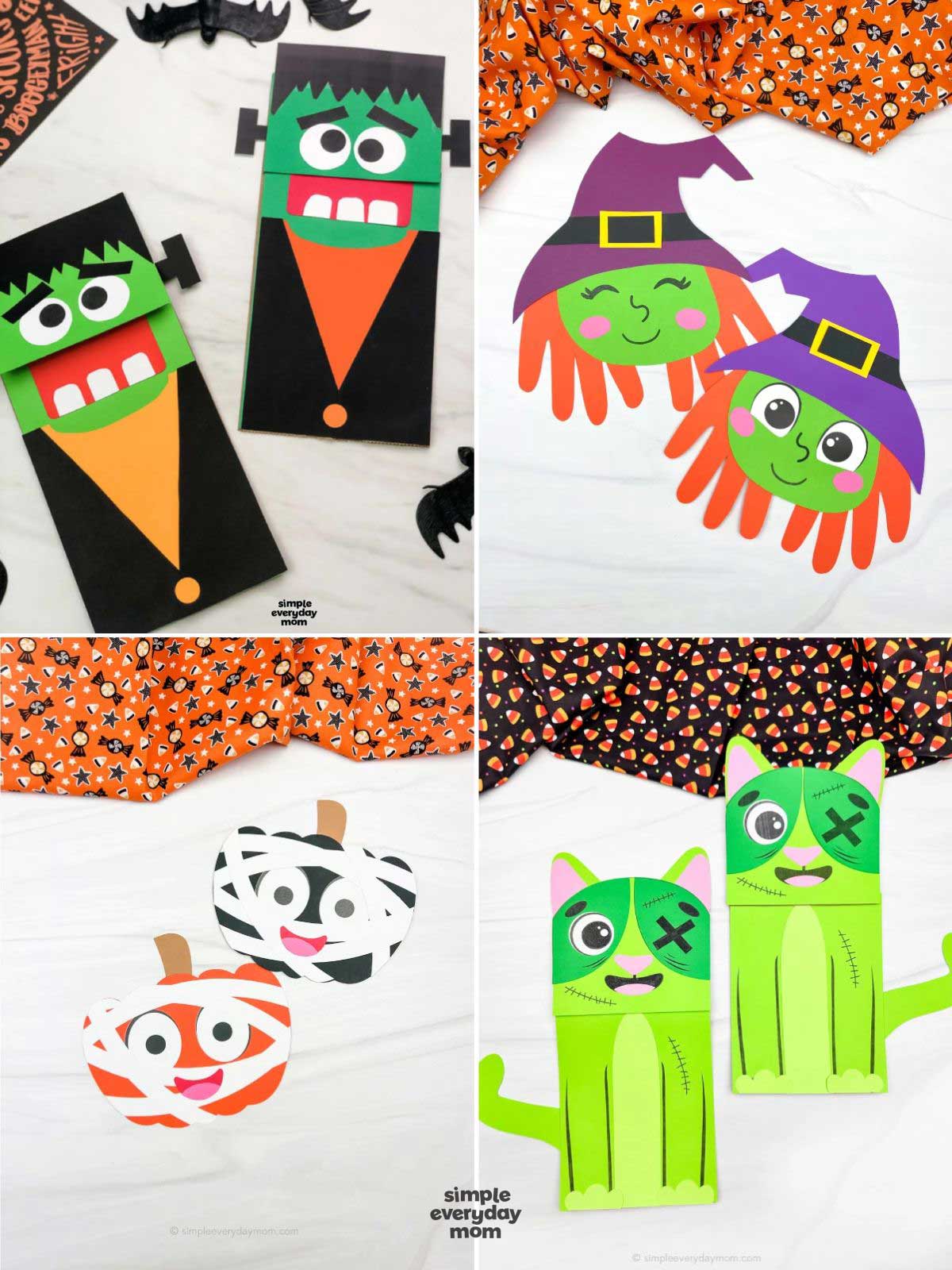 Collage of four Halloween paper crafts featuring Frankenstein treat bags, handprint witches, mummy-wrapped pumpkins, and bright green zombie cats.