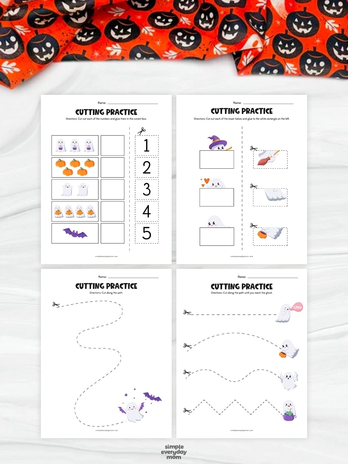 A completed ghost counting worksheet featuring Halloween pictures and cut out numbers 1 to 5 for kindergarten math and scissor practice.