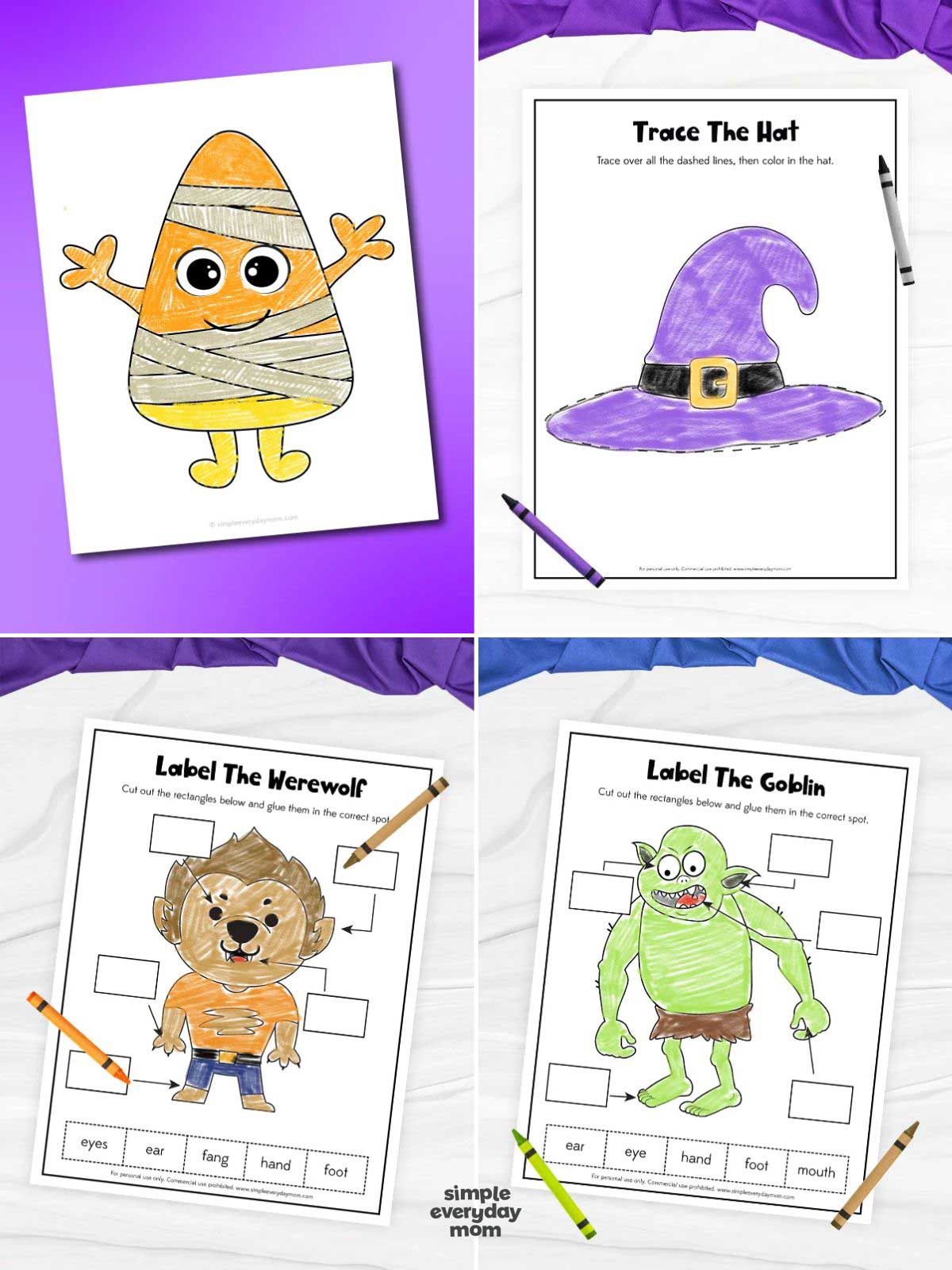 Collage of four Halloween activity worksheets featuring a mummy candy corn character, a purple witch hat tracing page, and labeling activities for a werewolf and a green goblin. The worksheets are colored in with crayons and include blank boxes for labeling body parts.