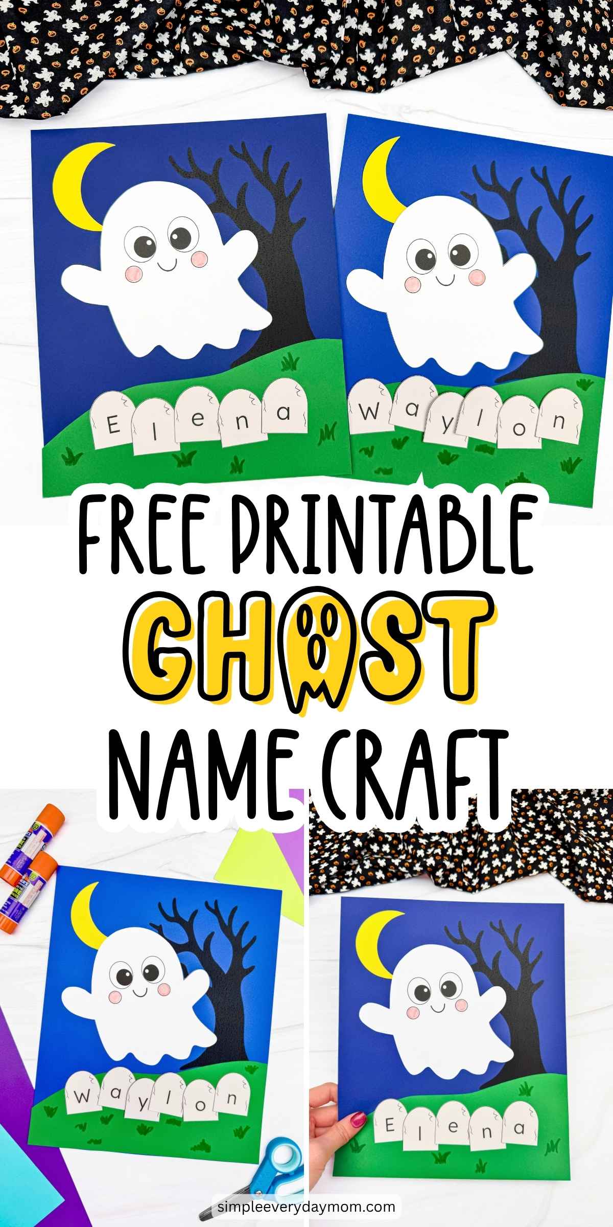 Collage of free printable Ghost Name Craft examples featuring smiling ghosts, spooky trees, crescent moons, and personalized tombstones for a fun Halloween name activity.