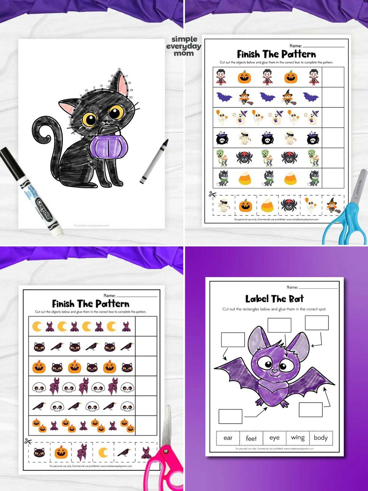 Collage of four Halloween activity worksheets featuring a black cat dot-to-dot, two pattern-completion exercises with Halloween characters, and a purple bat body-part labeling activity.