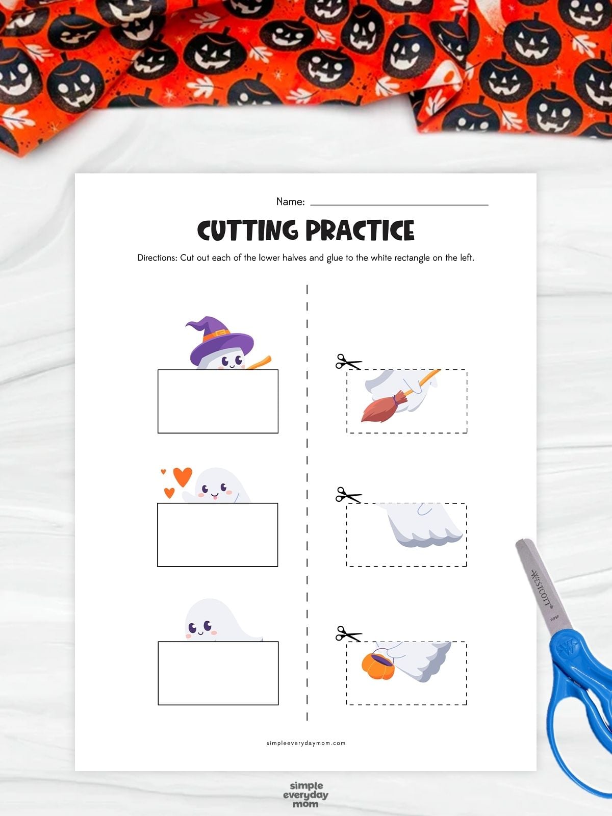 Hands-free ghost cut and paste worksheet featuring picture matching pieces for a preschool Halloween fine motor activity.