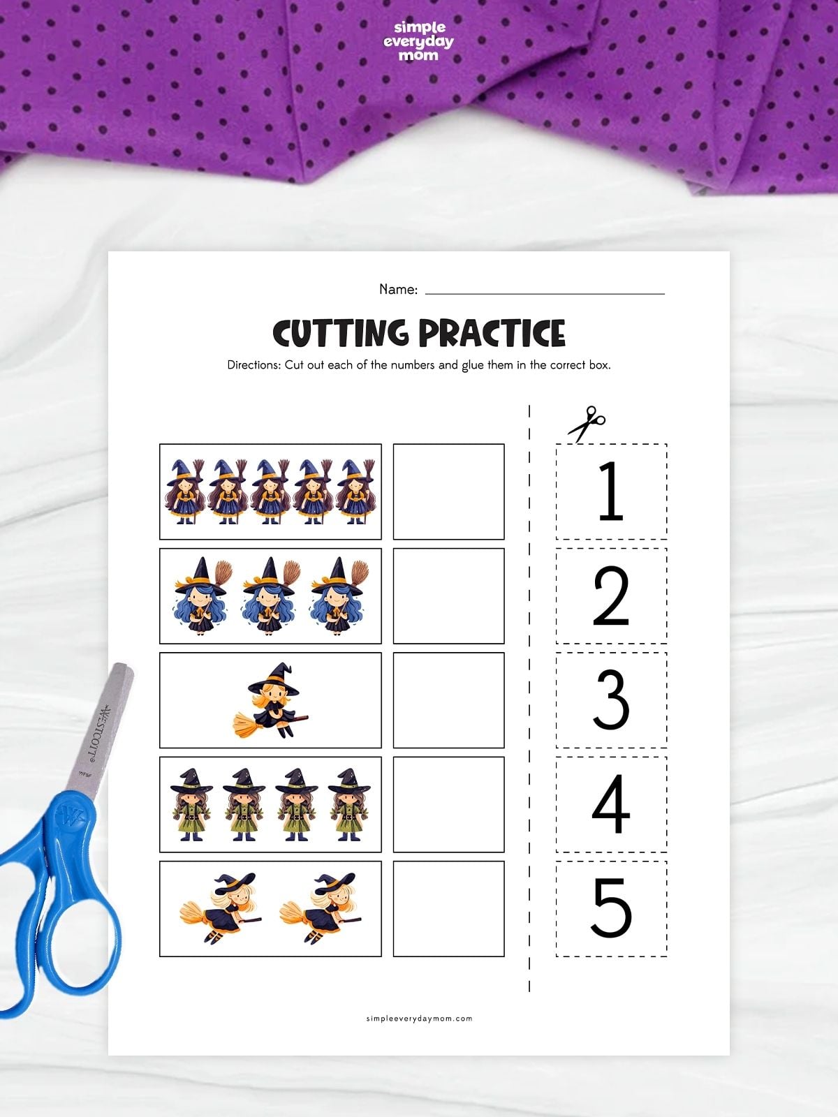 Printable witch-themed cutting practice worksheet featuring five rows of colorful witch illustrations in groups of one to five, with empty boxes for matching numbers. A column of cutout numbers 1 through 5 appears on the right, with blue scissors beside the worksheet.