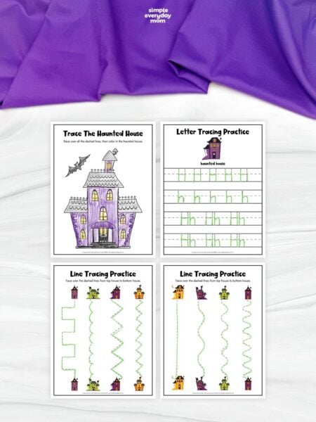 Four completed haunted house activity worksheets arranged in a grid, featuring a haunted house tracing and coloring page, letter H tracing practice, and two line tracing exercises. Green tracing marks and a purple-colored haunted house show the completed activities.