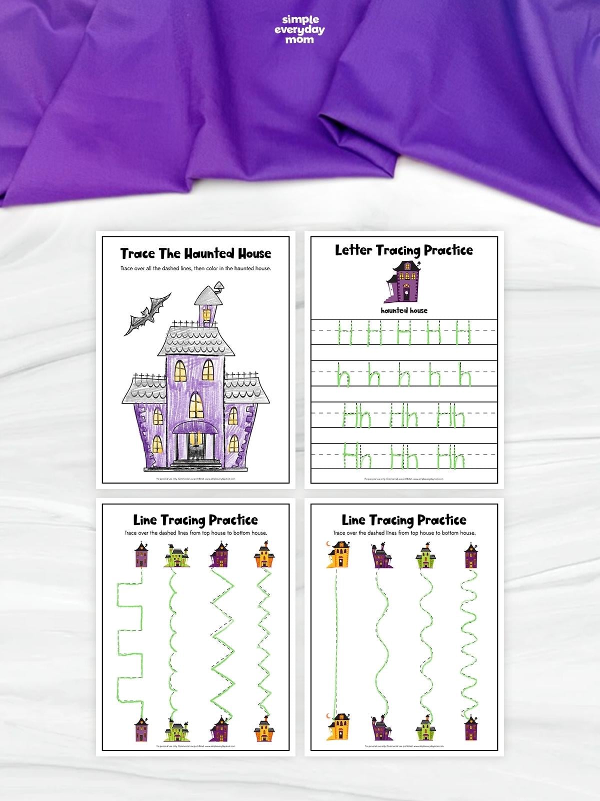 Four completed haunted house activity worksheets arranged in a grid, featuring a haunted house tracing and coloring page, letter H tracing practice, and two line tracing exercises. Green tracing marks and a purple-colored haunted house show the completed activities.