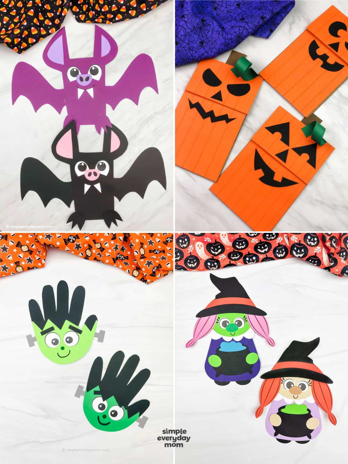 Collage of four Halloween paper crafts featuring purple and black bats, orange jack-o’-lanterns, green Frankenstein faces, and two witches holding cauldrons.