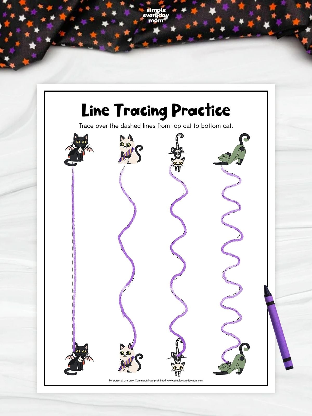 Line tracing practice worksheet featuring four pairs of Halloween-themed cats connected by one straight and three wavy paths. The dashed paths have been traced in purple from each top cat to its matching cat below.