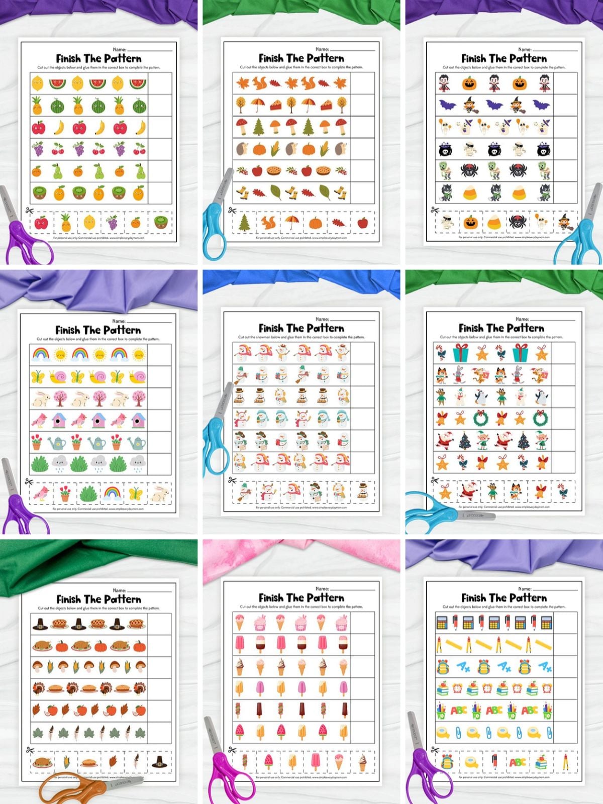 collage image of Printable Pattern Worksheets for Kids