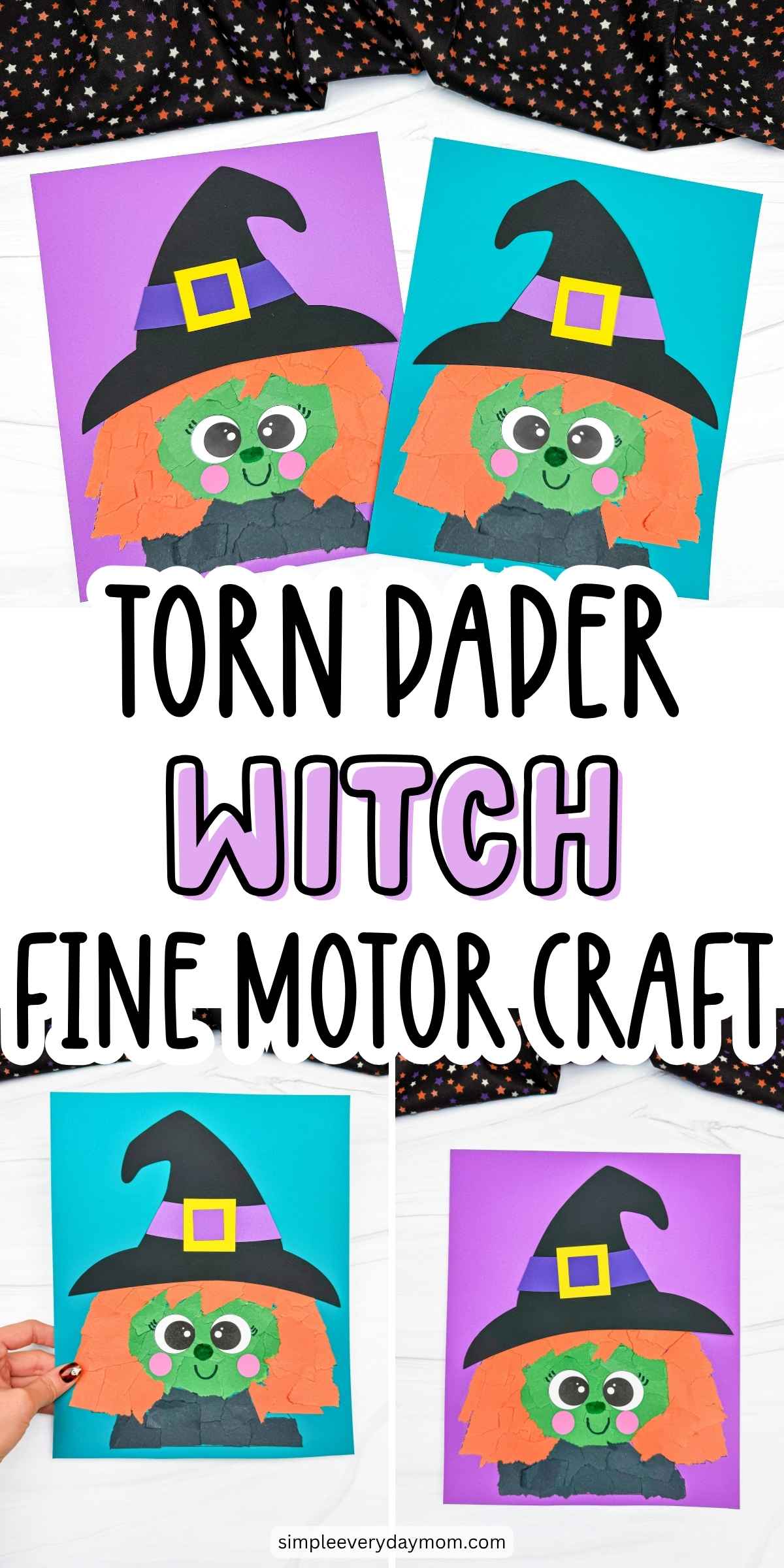 Collage of completed Witch Torn Paper Crafts featuring colorful Halloween witches made with torn construction paper for a fun fine motor activity for kids.