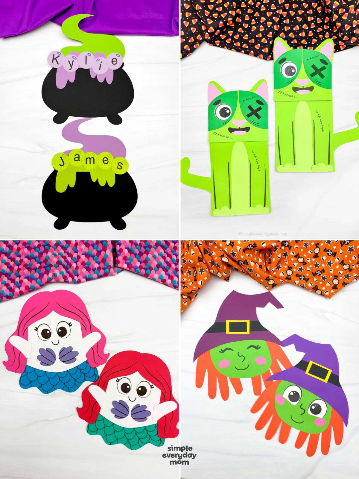 Collage of four colorful paper crafts featuring personalized bubbling cauldrons, green zombie cats, mermaids with bright hair, and handprint witches wearing purple hats.