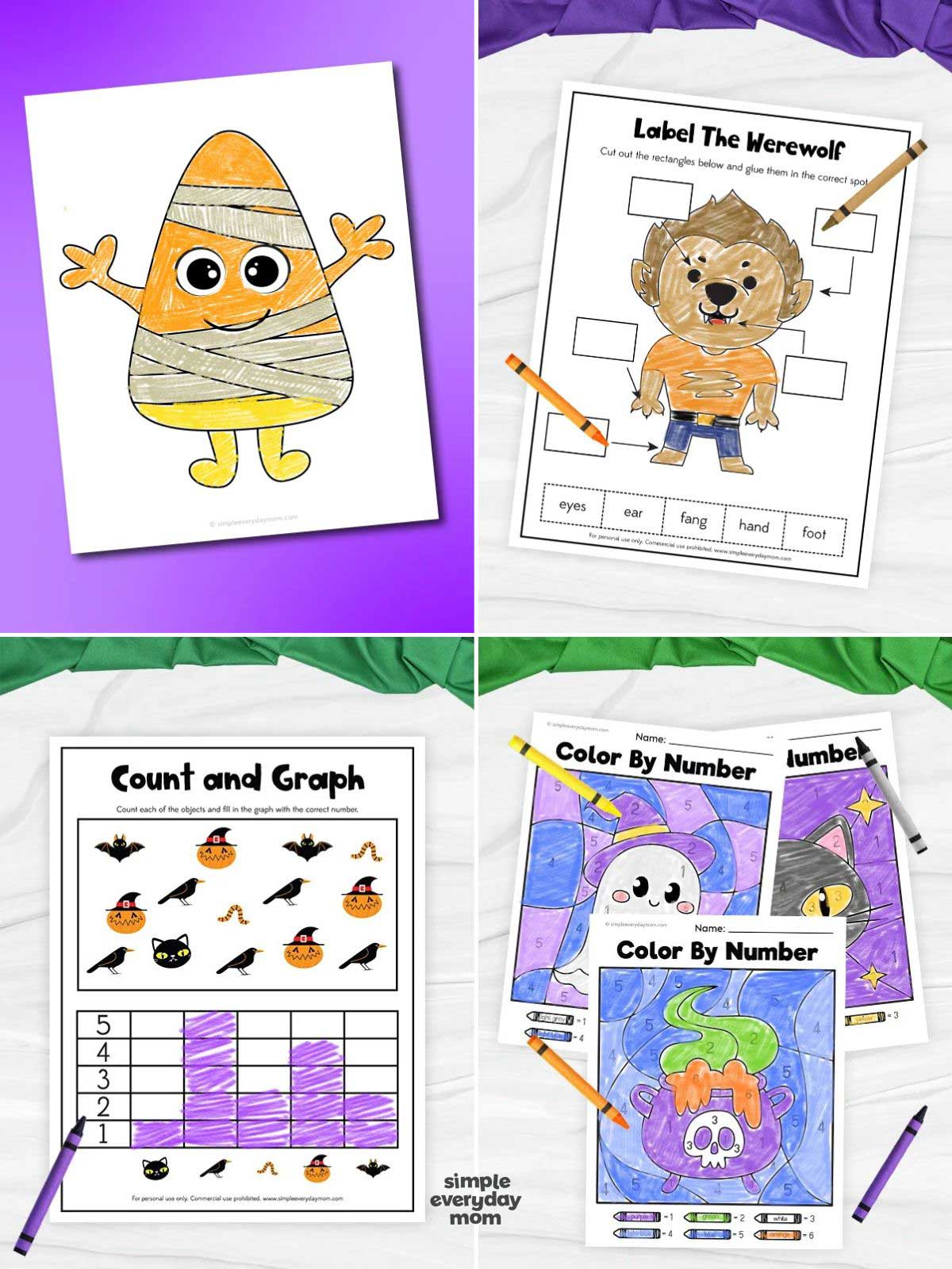 Collage of four Halloween activities featuring a mummy-wrapped candy corn character, a werewolf body-part labeling worksheet, a counting and graphing page, and three completed color-by-number pictures.