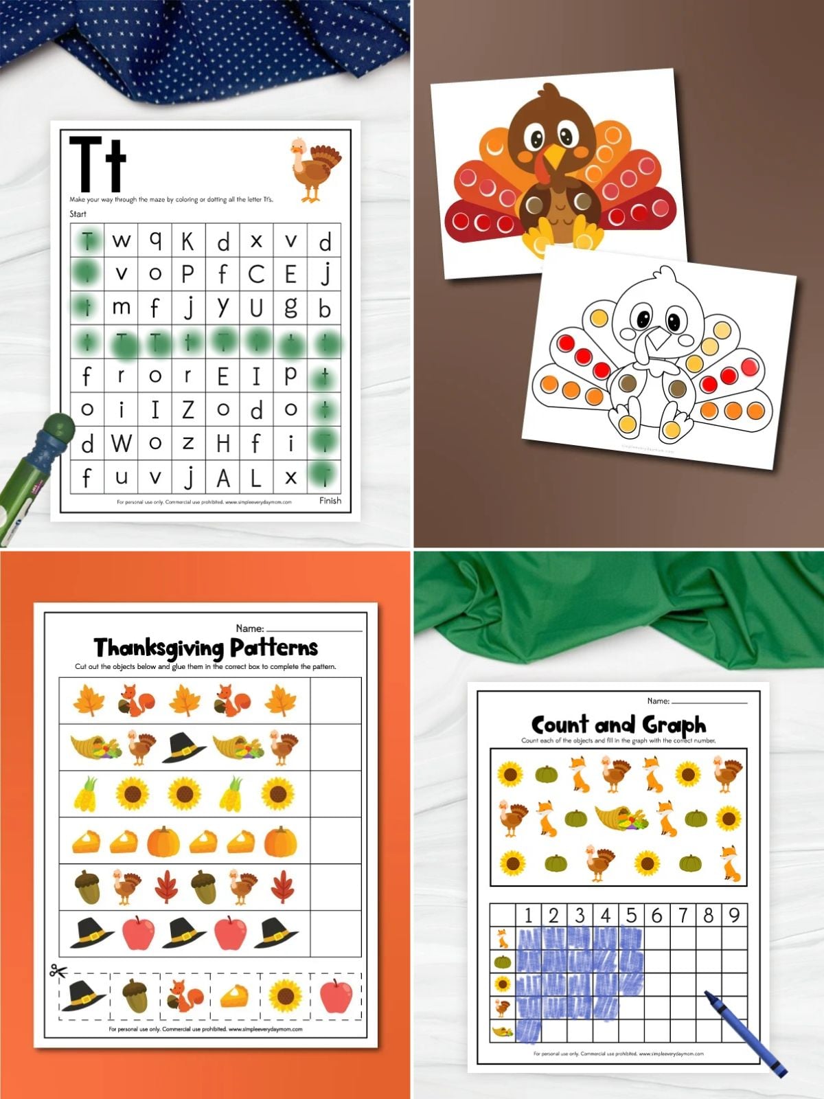collage image of Thanksgiving Math and Literacy Printables