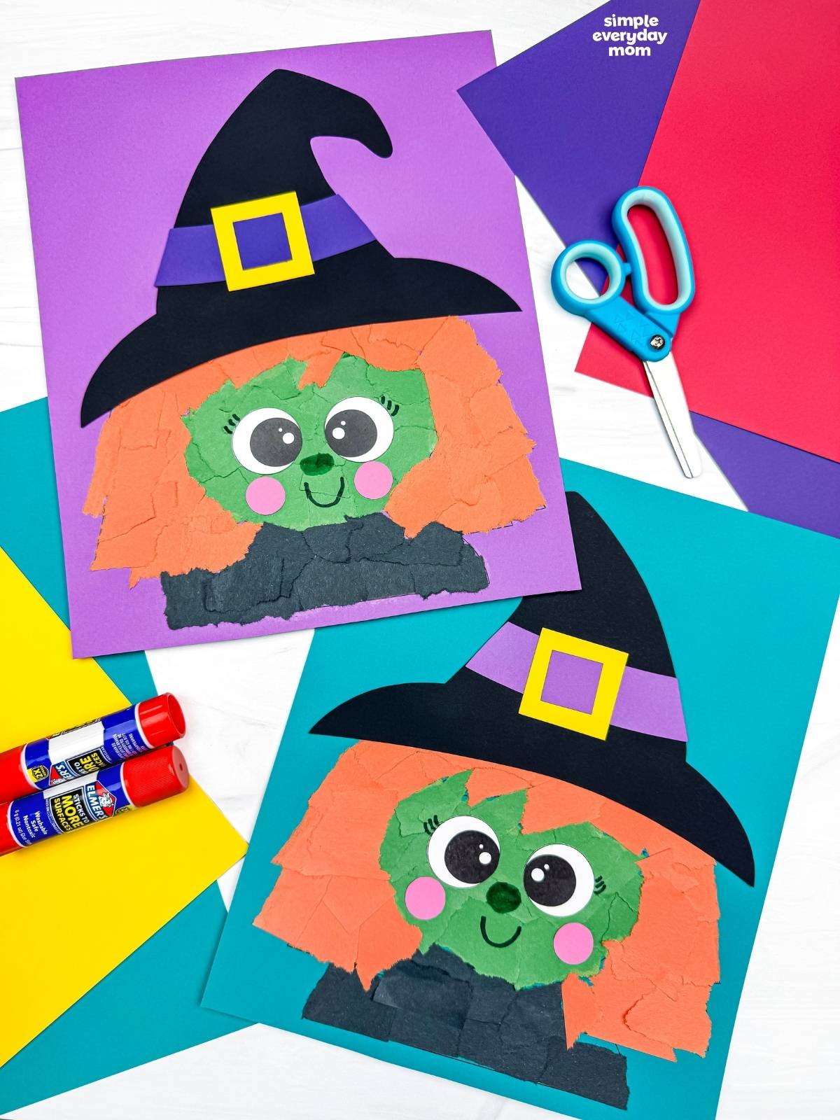 A completed Witch Torn Paper Craft displayed on purple and blue backgrounds with colorful construction paper, scissors, and glue sticks.