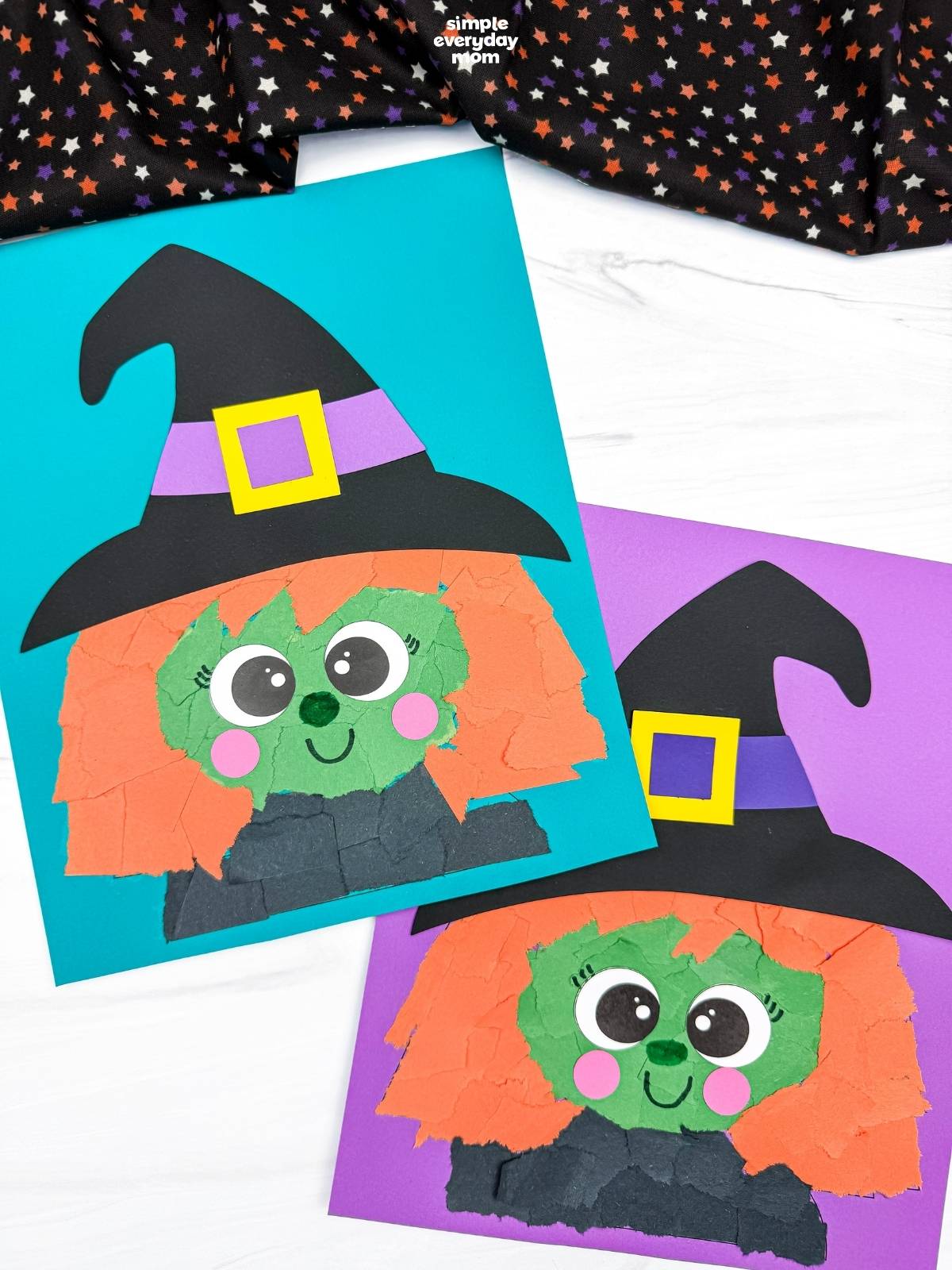 A completed Witch Torn Paper Craft shown in two versions on blue and purple backgrounds, featuring green faces, orange torn paper hair, and black witch hats.