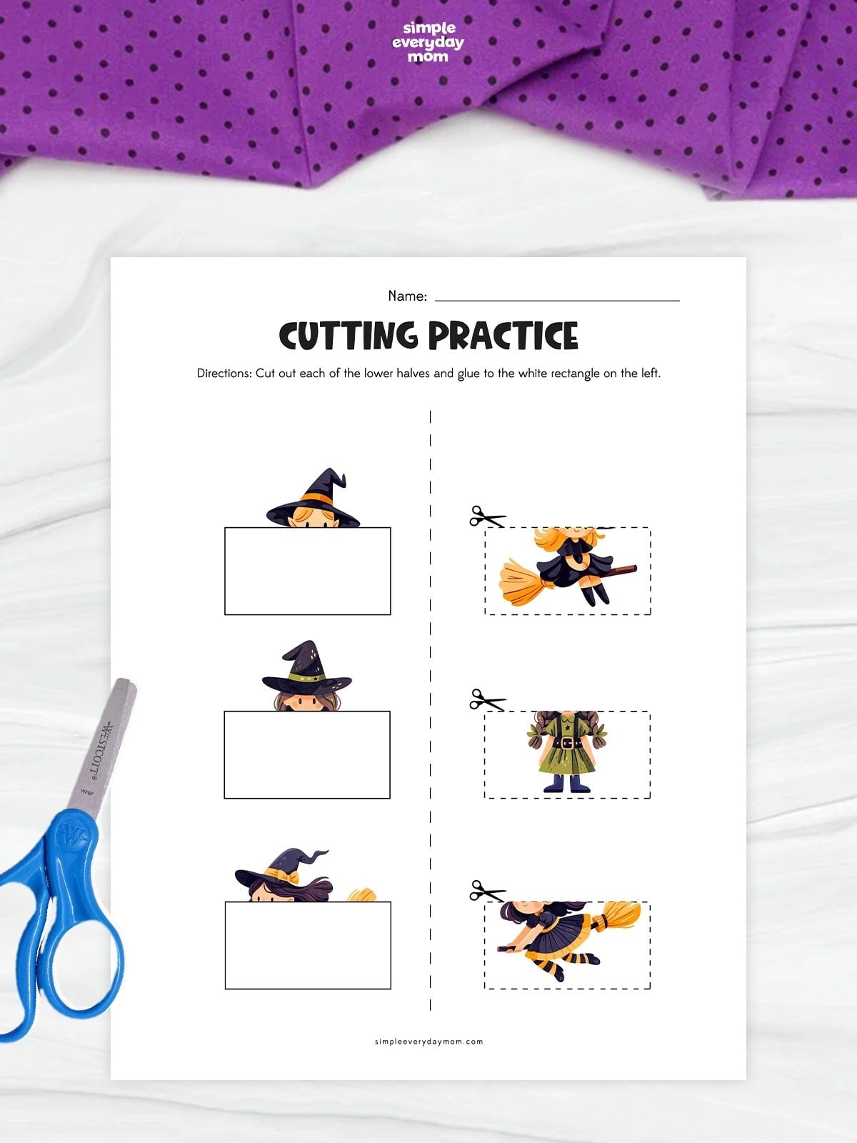 Printable witch-themed cutting practice worksheet featuring three witches with their upper halves above blank rectangles on the left and matching lower halves inside dashed cutout boxes on the right. The activity involves cutting out and matching the pieces to complete each witch, with blue scissors beside the worksheet.