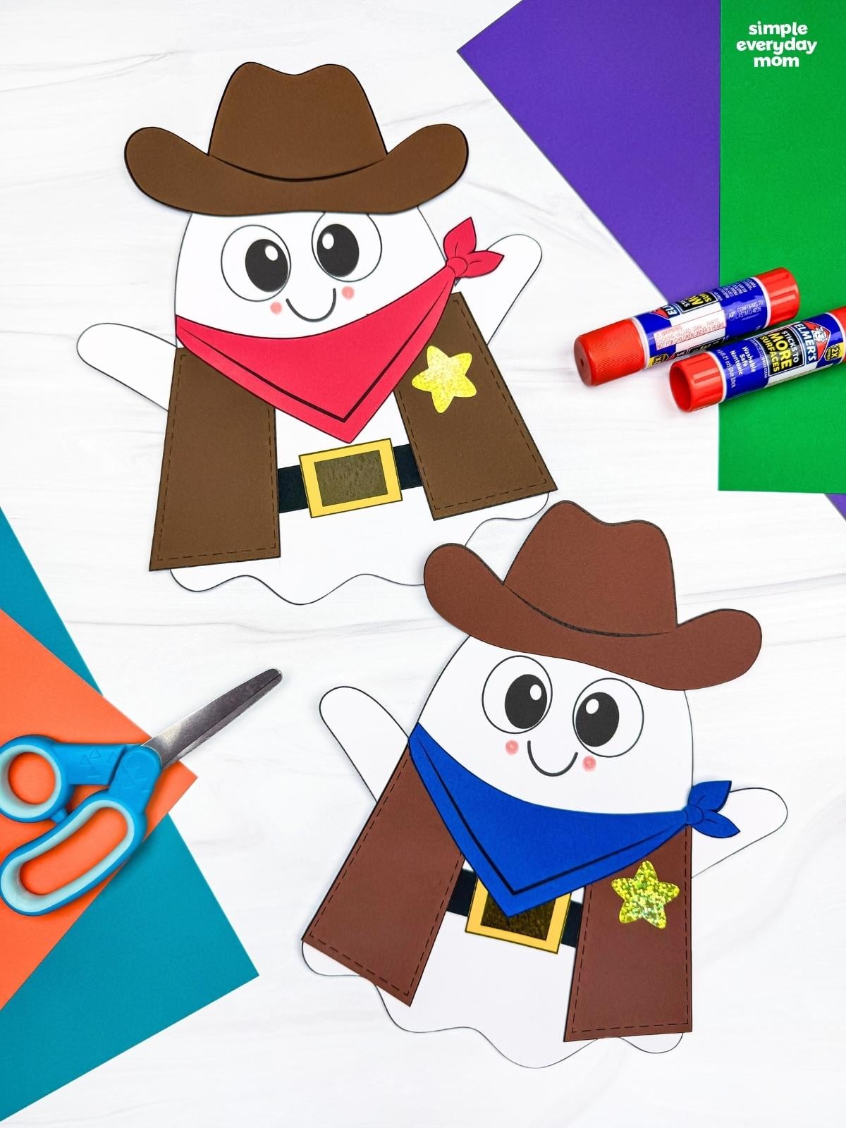 A completed Craft showing two Cowboy Ghost Disguise Crafts with cowboy hats, bandanas, vests, belts, and star badges surrounded by craft supplies.