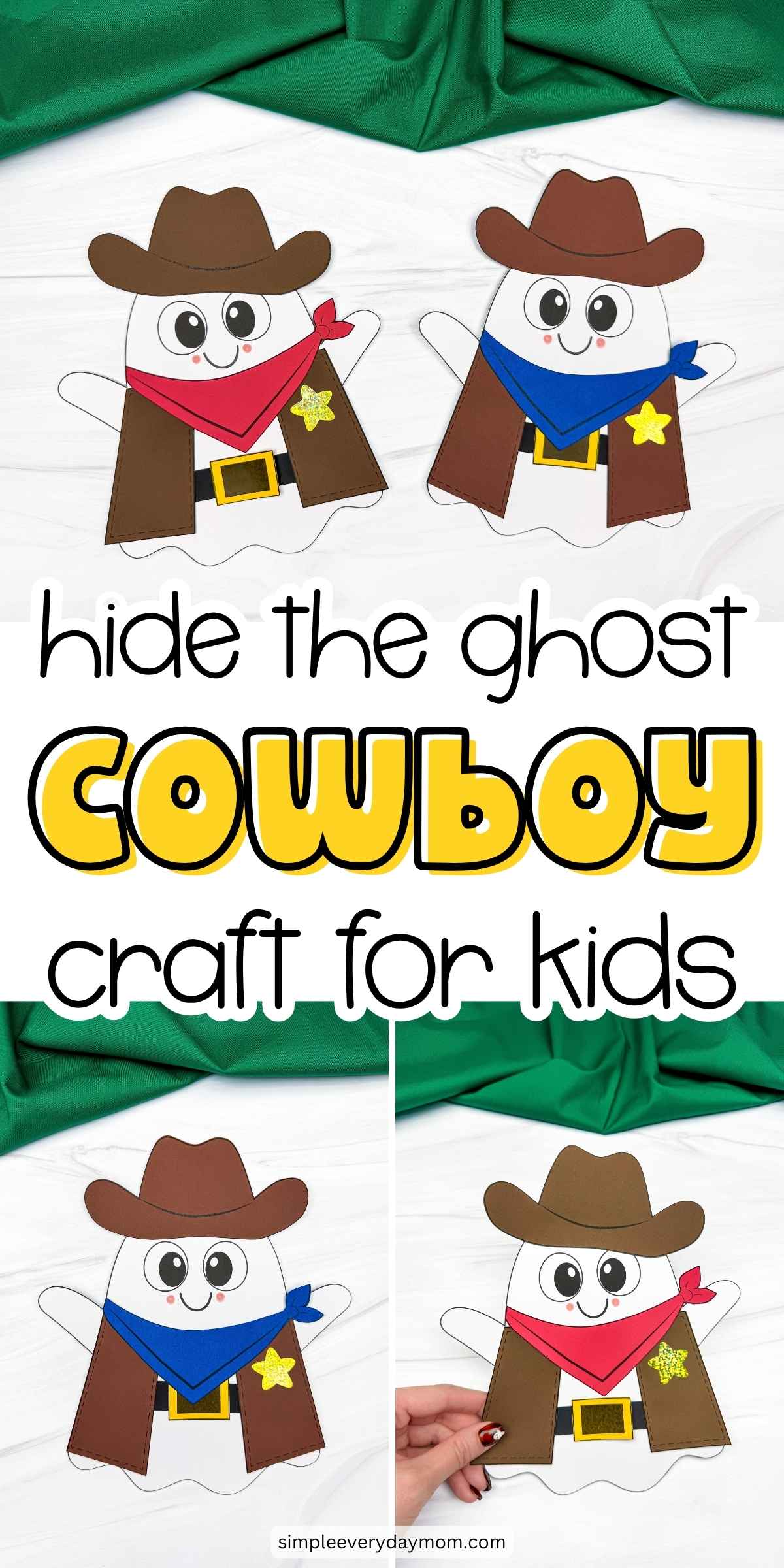 Collage of completed Cowboy Ghost Disguise Crafts featuring cowboy hats, bandanas, vests, belts, and star badges.