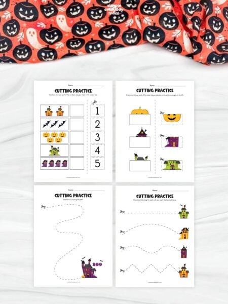 Collage of four printable haunted house cutting practice worksheets featuring Halloween counting, cut and paste matching, and scissor skills activities for preschool and kindergarten kids.