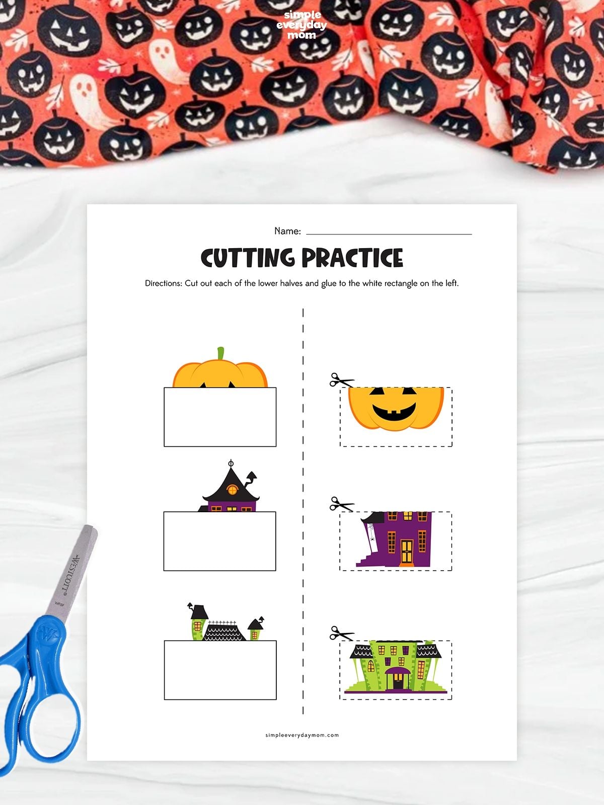 Printable Halloween cutting practice worksheet featuring a jack-o'-lantern and haunted houses for preschool and kindergarten kids to practice scissor skills and matching.
