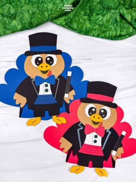 Side by side completed Magician Turkey Disguise Crafts featuring blue and red tail feathers, black top hats, matching bow ties, and magic wands.