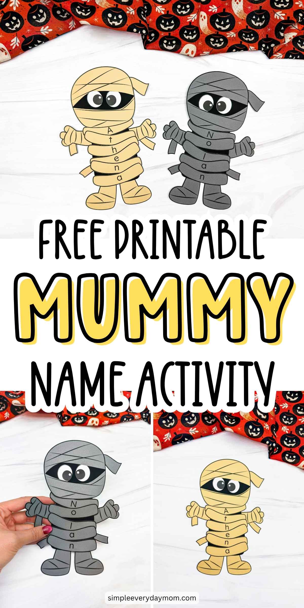 Collage of completed mummy name crafts featuring personalized lettered wraps and a free printable Halloween name activity for kids.