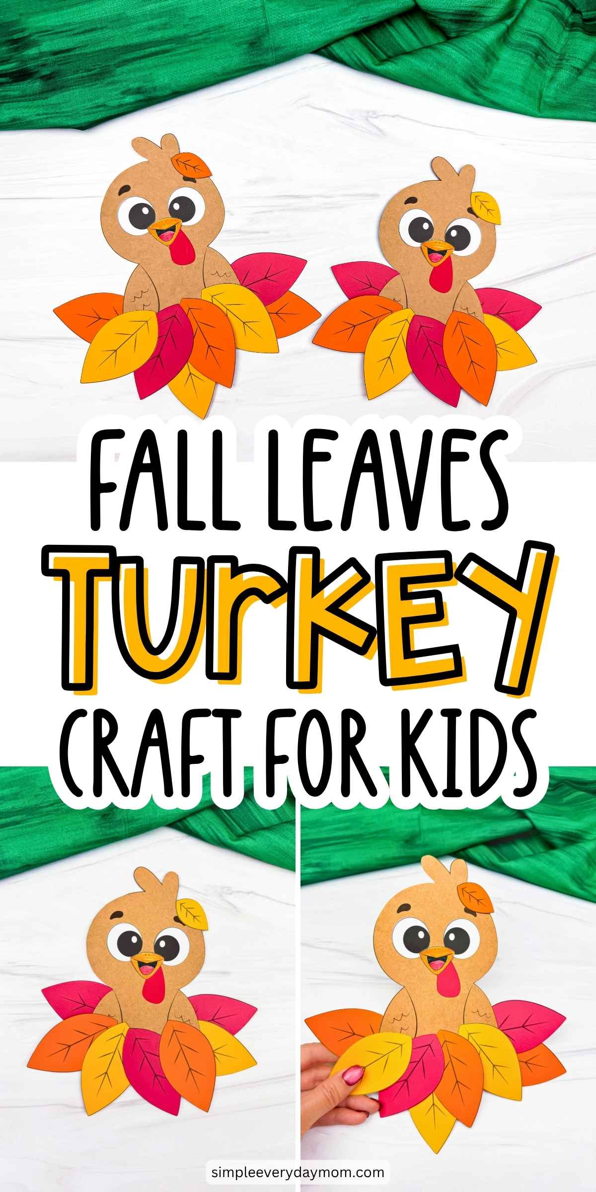 Collage of cute fall turkey crafts surrounded by colorful autumn leaves, featuring an easy printable paper craft for kids.