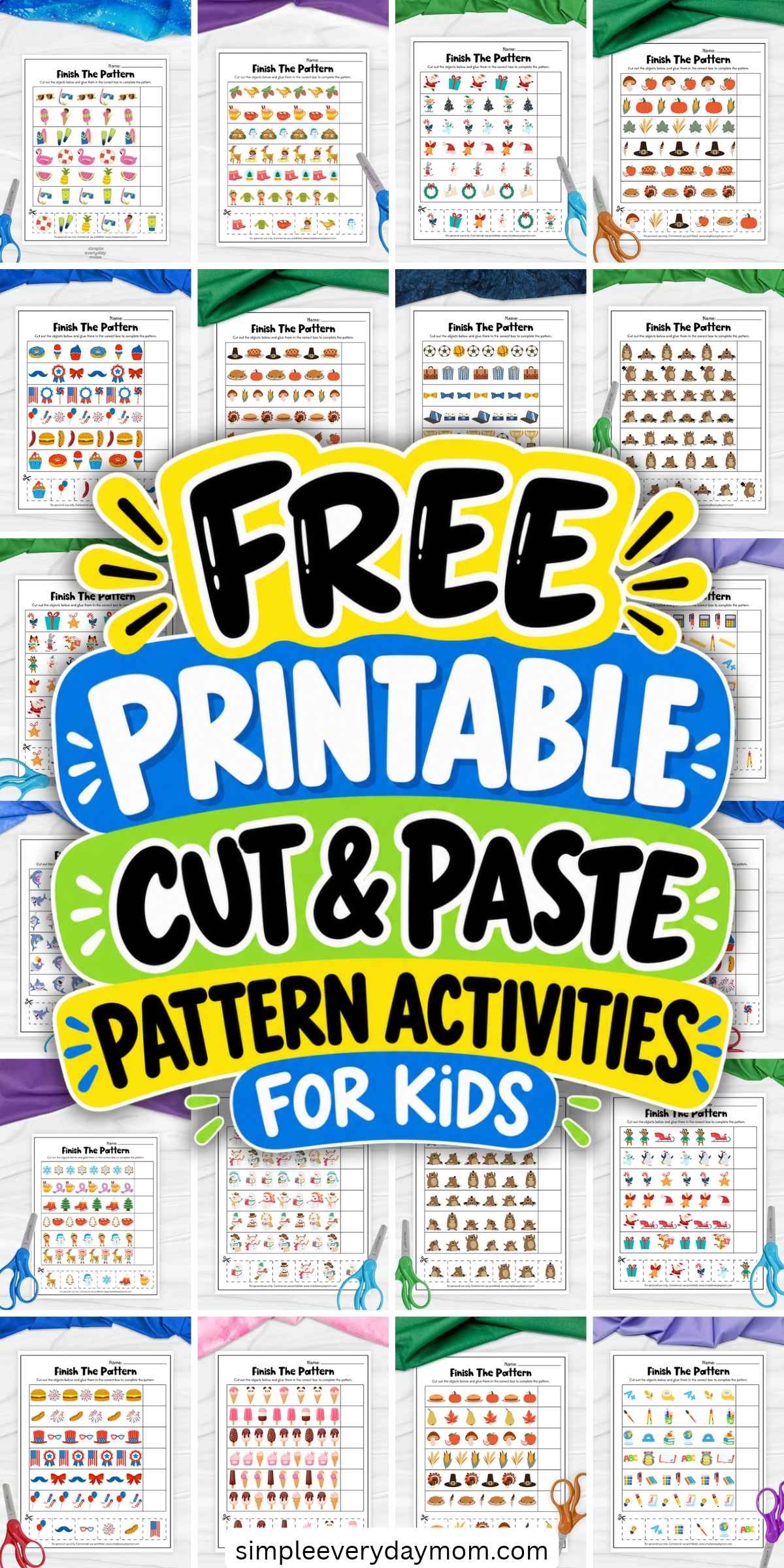 Collage of free printable cut and paste pattern worksheets for preschool with colorful seasonal and holiday picture sequences. Bold text in the center reads “Free Printable Cut & Paste Pattern Activities For Kids.”