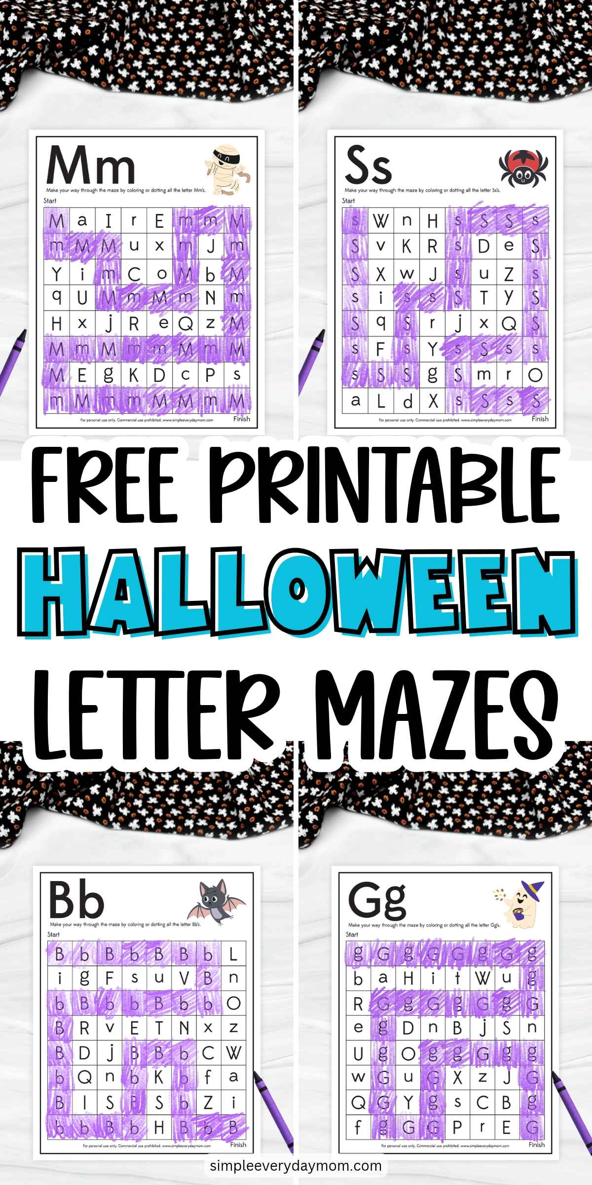 Collage of free printable Halloween letter mazes featuring mummy, spider, bat, and ghost worksheets with purple-colored paths for letter recognition and fine motor practice.