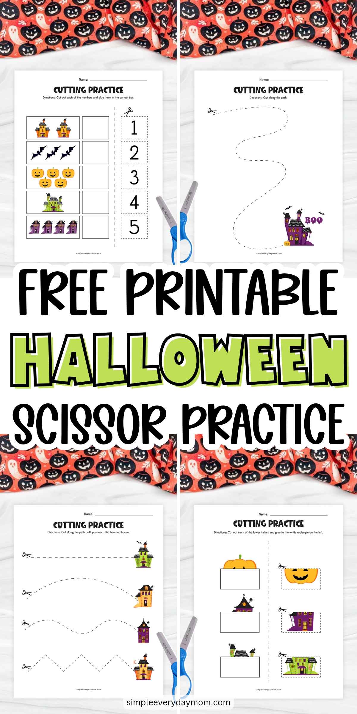 Collage of free printable Halloween scissor practice worksheets featuring haunted houses, pumpkins, number matching, and cutting paths for preschool and kindergarten kids.