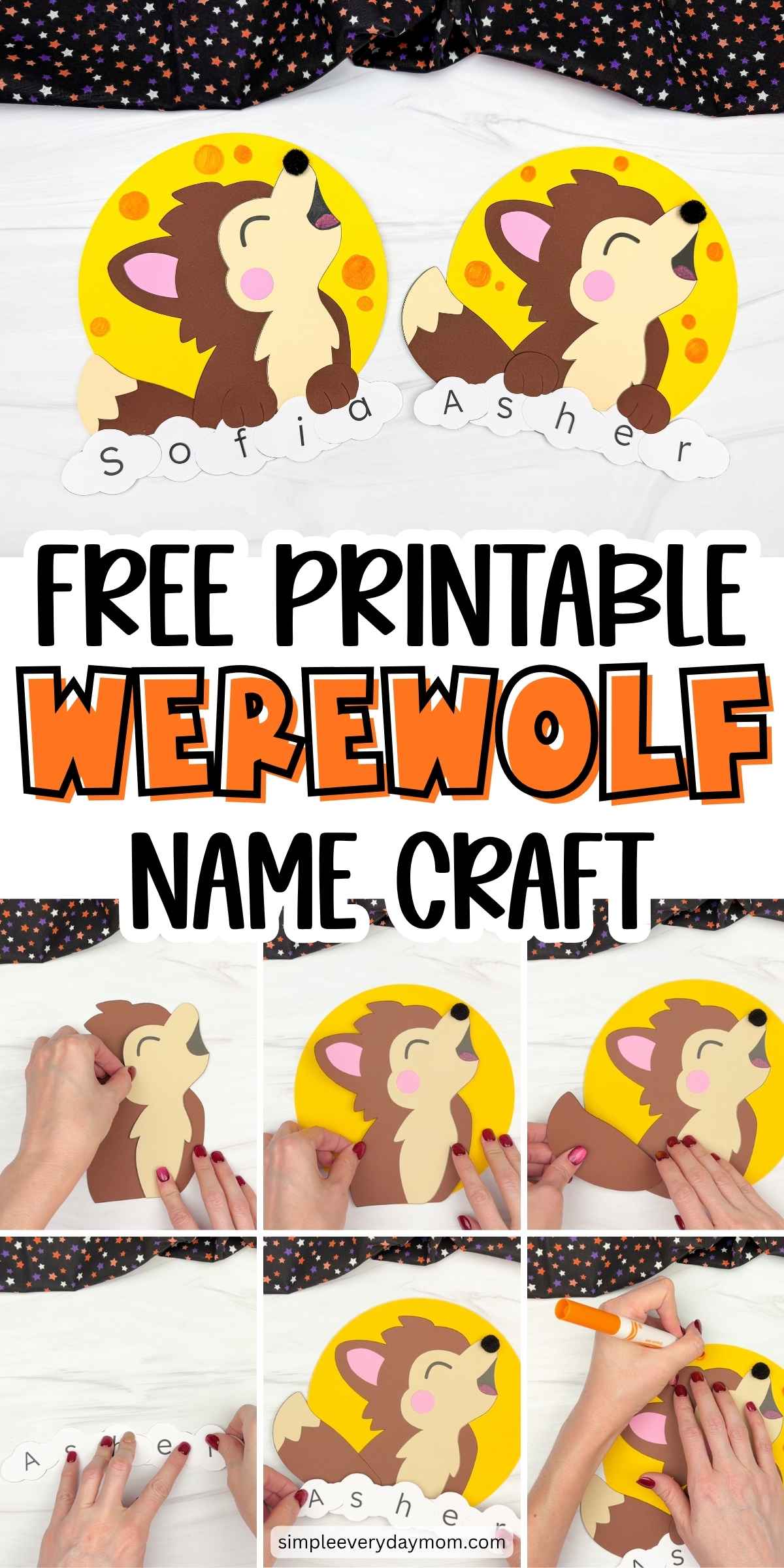 Collage of a free printable werewolf name craft featuring completed Halloween projects and step-by-step photos of kids' name spelling activity.